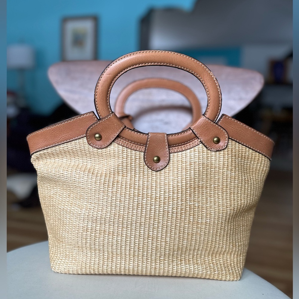 Coastal Boho Vintage Fossil Brown Leather & Floral-Embroidered Straw SatchelBag - Picture 6 of 15